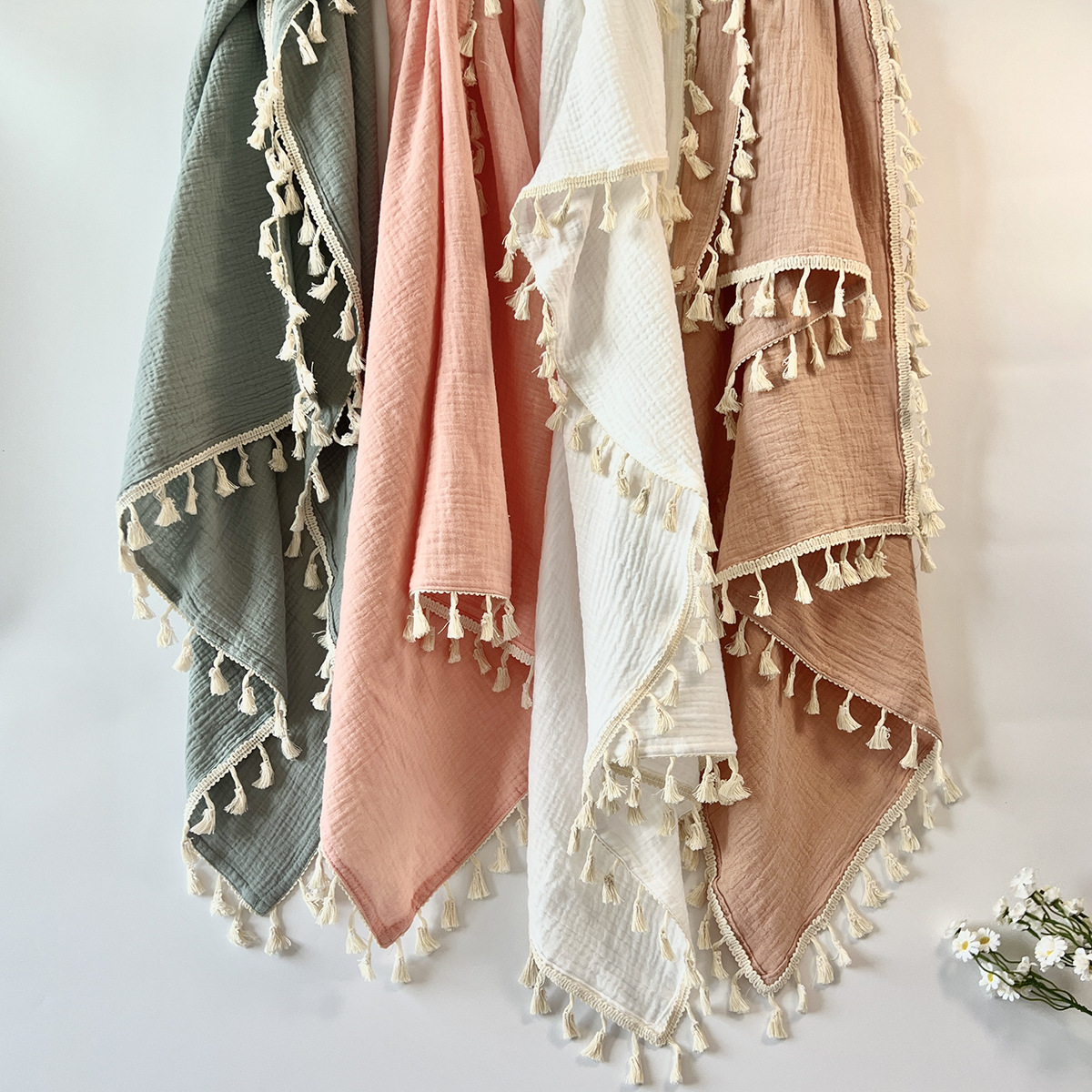 宝宝棉纱布盖毯纯棉绉布婴儿包被流苏儿童抱毯