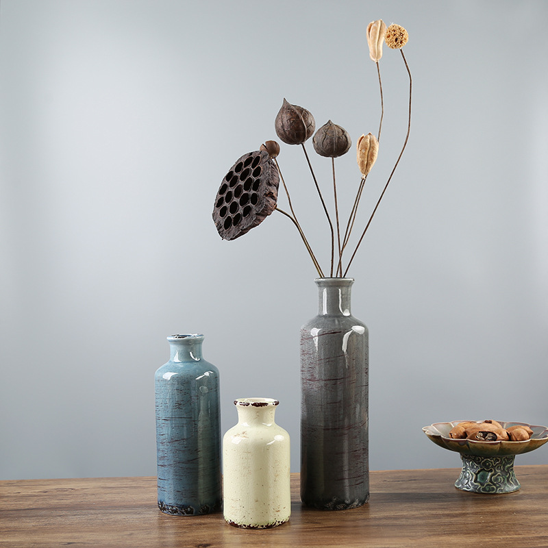 2025 Cross-border Rural Ice-Crack Ceramic Vase in Gray, Blue and Green 3-piece Set Bohemian Retro Home Decoration Farmhouse Vase
