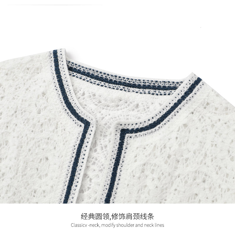 Custom-made simple outerwear, crocheted, hollowed-out knitted cardigan, women's round-neck top, long-sleeved, plain color, with a high-end and elegant look details Picture