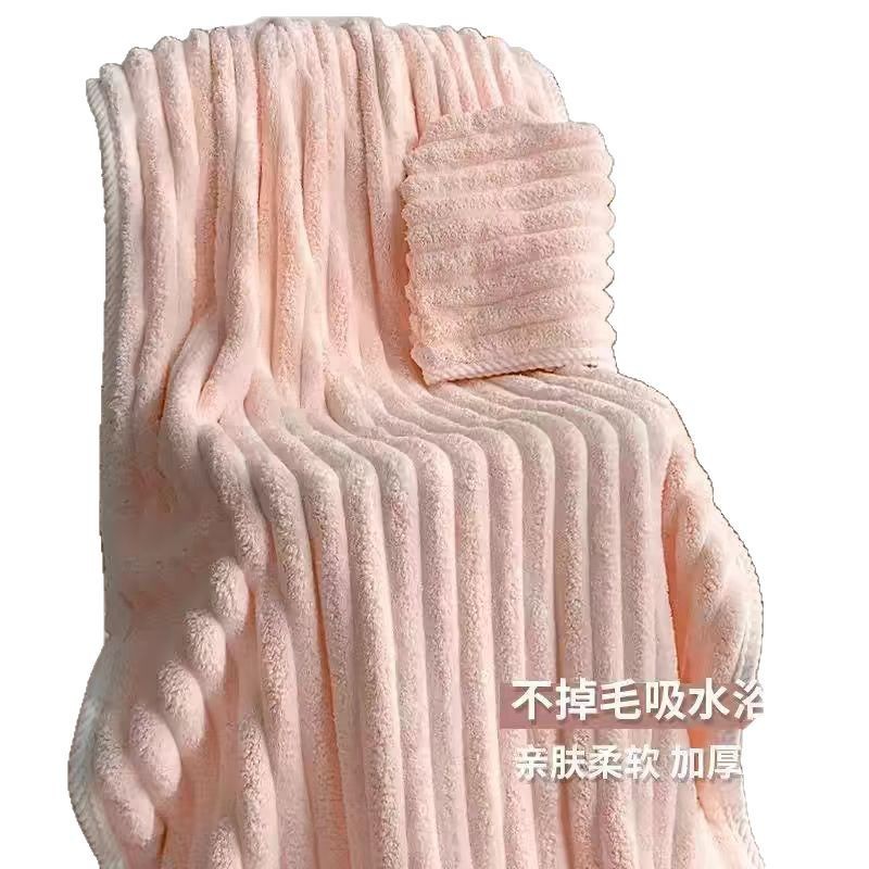 Coral fleece wholesale bath towels with thickened edges, candy strips, enhanced water absorption for bathing, adult household bath wraps Application Scenario
