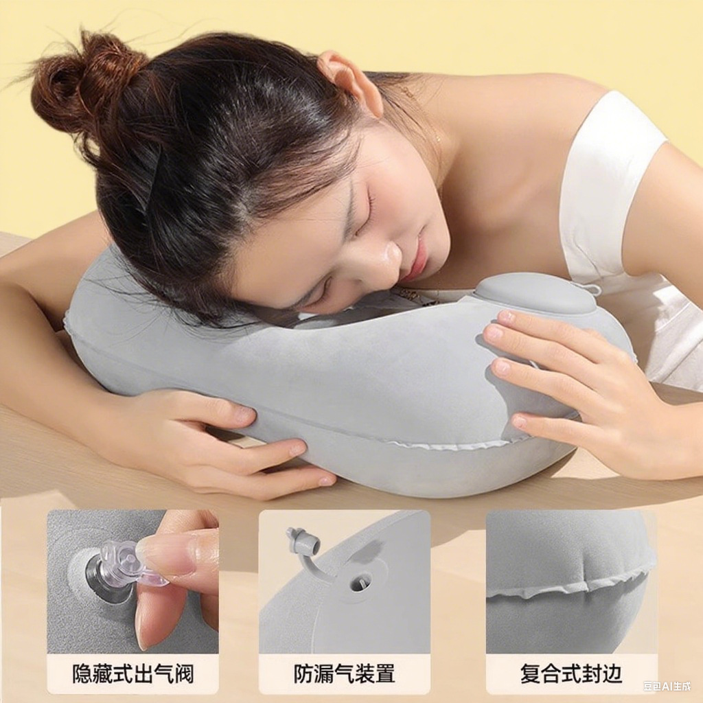 充气U型枕旅行便携护颈枕充气飞机U型护颈枕火车飞机护颈靠枕批发白底实物图