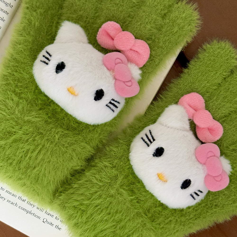 The Korean version of kitty Kitty is cute, warm, plush, cold-proof, thickened, cycling, finger-exposed touch screen, and knitted gloves are adorable Specification image
