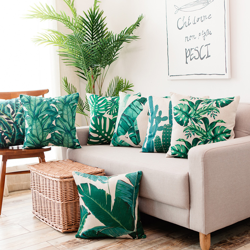 Heavyweight cotton and linen tropical rainforest leaf cactus printed throw pillow, sofa cushion, car cushion cover details Picture