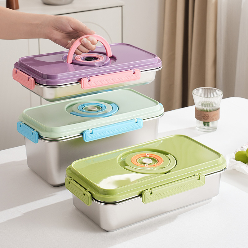 Stainless steel rectangular refrigerator sealed storage box, kimchi box, cold storage box, picnic takeout hand-held square box, fresh-keeping box details Picture