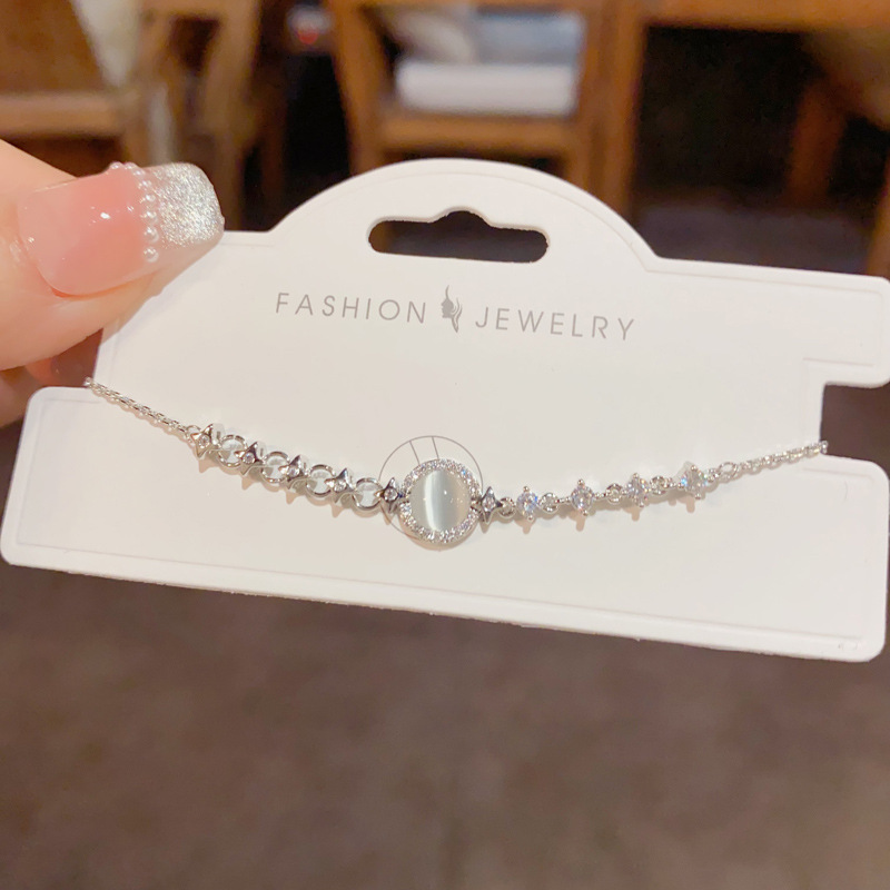 Korean-style, fashionable and simple diamond-encrusted cat's eye stone circular bracelet, personalized, light luxury, versatile and high-end jewelry wholesale Specification image