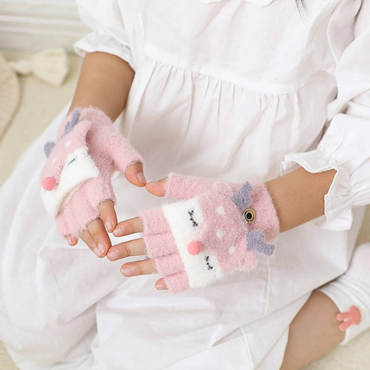 Children's flip-top gloves for boys and girls in autumn and winter, students write with half fingers exposed for warmth, cartoon winter, cute kindergarten details Picture
