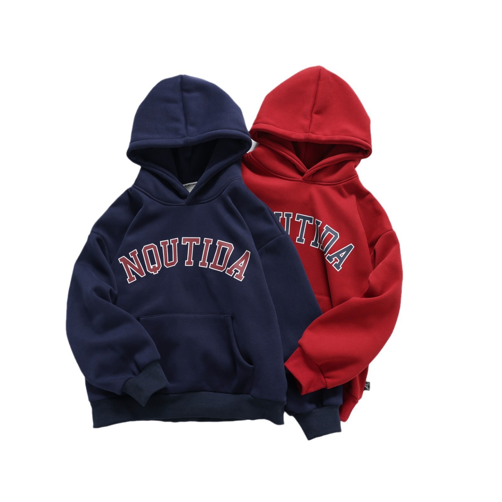 2025冬季新款儿童洋气新年红加厚保暖上衣男女大童一体绒连帽卫衣白底实物图