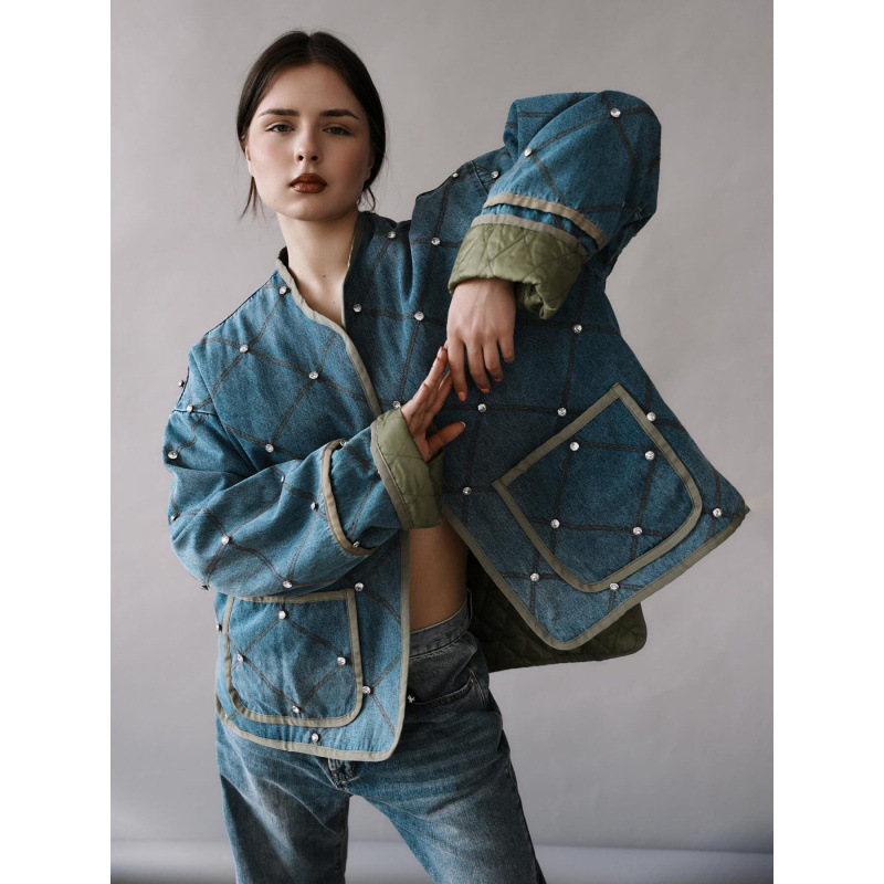 European and American cross-border denim patchwork quilted and diamond-stitched women's autumn fashionable, warm and trendy lightweight cotton-padded jacket MG600 Specification drawing