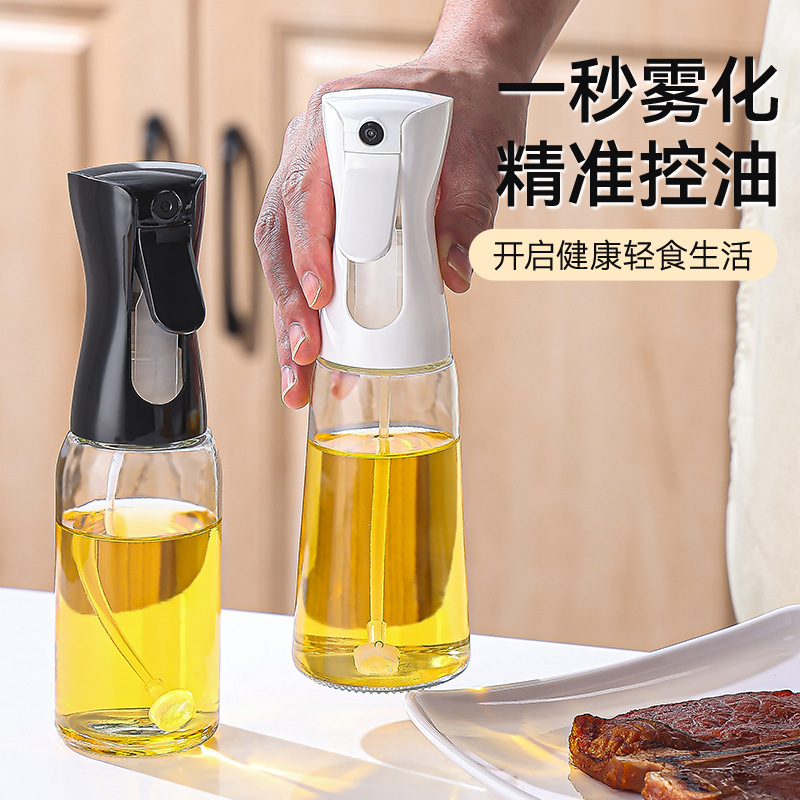 Wholesale household oil spray bottles, kitchen transparent glass oil bottles, press edible oil spray bottles, precise oil control spray bottles details Picture