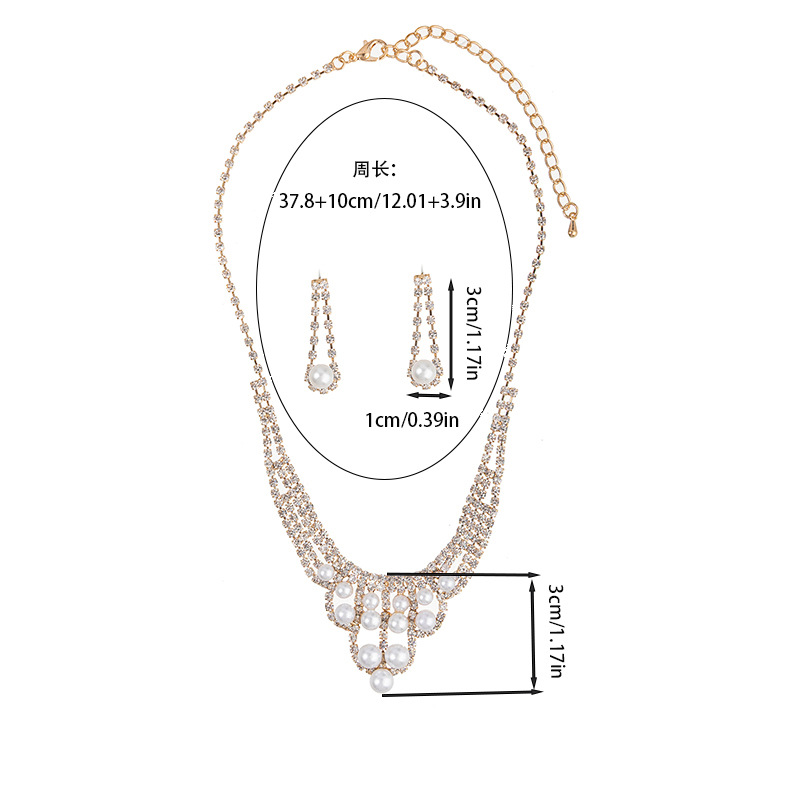 Cross-border supply, wedding banquet, elegant pearl and rhinestone necklace, earrings, three-dimensional hollowed-out design jewelry set, chain set Specification image