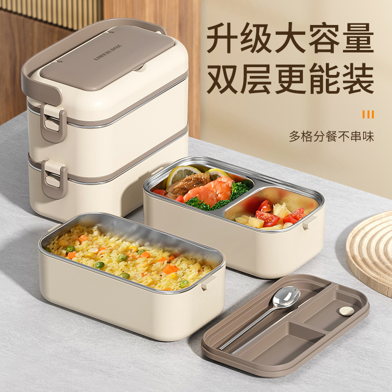 304 stainless steel double-layer lunch box, microwave oven-safe without leakage, insulated lunch box, multi-layer compartments bento box details Picture