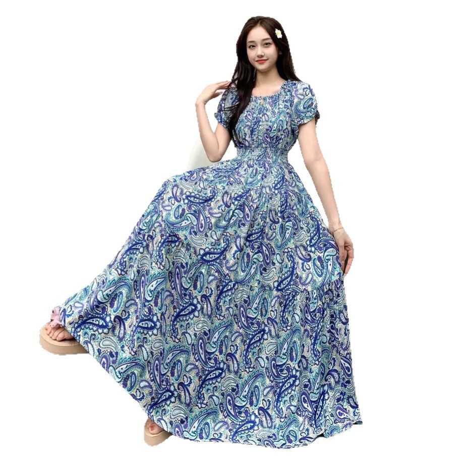 Cross-border off-the-shoulder one-shoulder cotton silk dress, women's summer dress, Bohemian island vacation dress, travel beach dress Item Picture