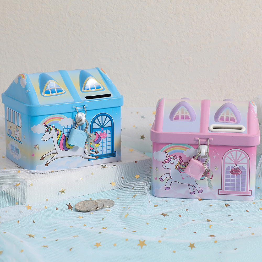 Cross-border new dreamy castle piggy bank, children's cartoon unicorn with lock, iron piggy bank, loose change storage box Specification image