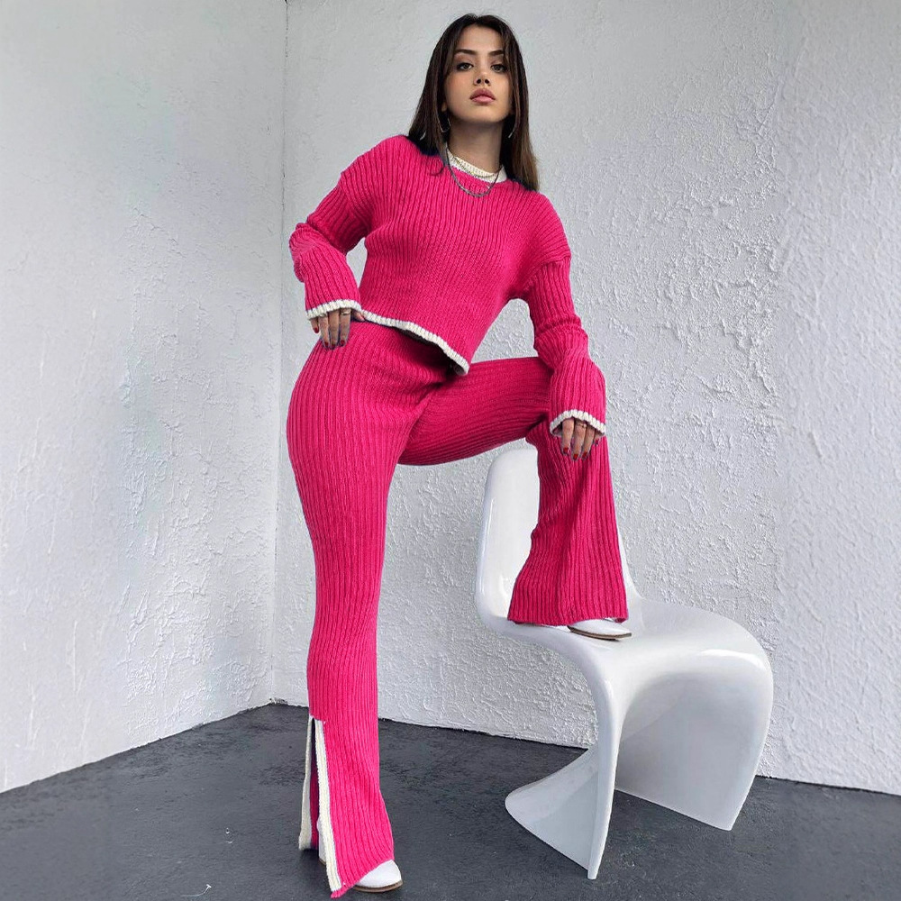 In stock for autumn and winter, new cross-border Russian long-sleeved sweater sets, knitted tops and long pants sets for women Specification image