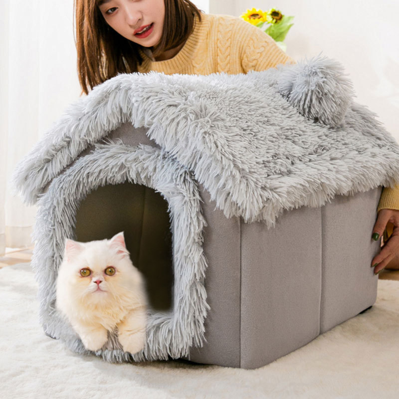 跨境猫窝宠物笼房子全封闭保暖别墅中小型狗窝可折叠猫床猫屋