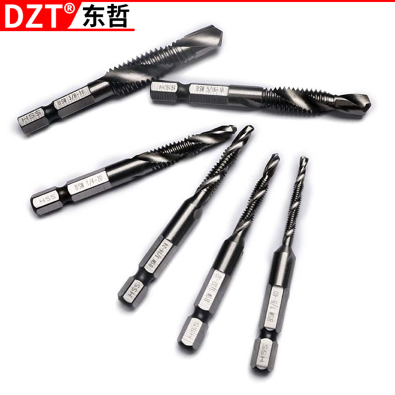 High-speed steel composite tap hexagonal handle titanium plating machine spiral tap tool tapping and chamfering integrated set Specification drawing