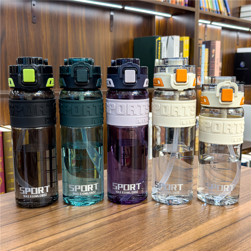 Outdoor portable men's sports water bottle, one-button pop-up cap plastic cup, fitness large-capacity handle plastic straw water cup Specification image