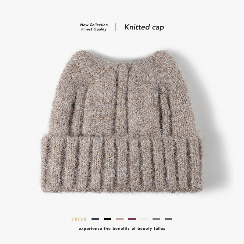 New cat-eared cute and versatile woolen cap, thickened and warm for outdoor winter, large-head girdle and pullover knitted cap for women