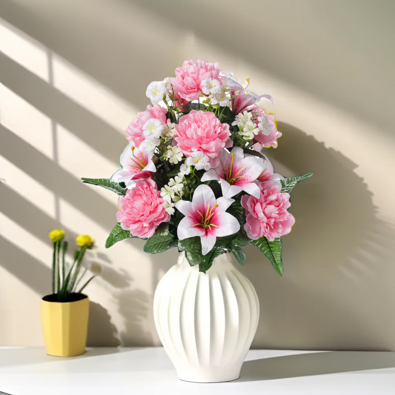 外贸跨境货源24头大把束仿真花玫瑰百合假花花束仿真花装饰摆件细节图