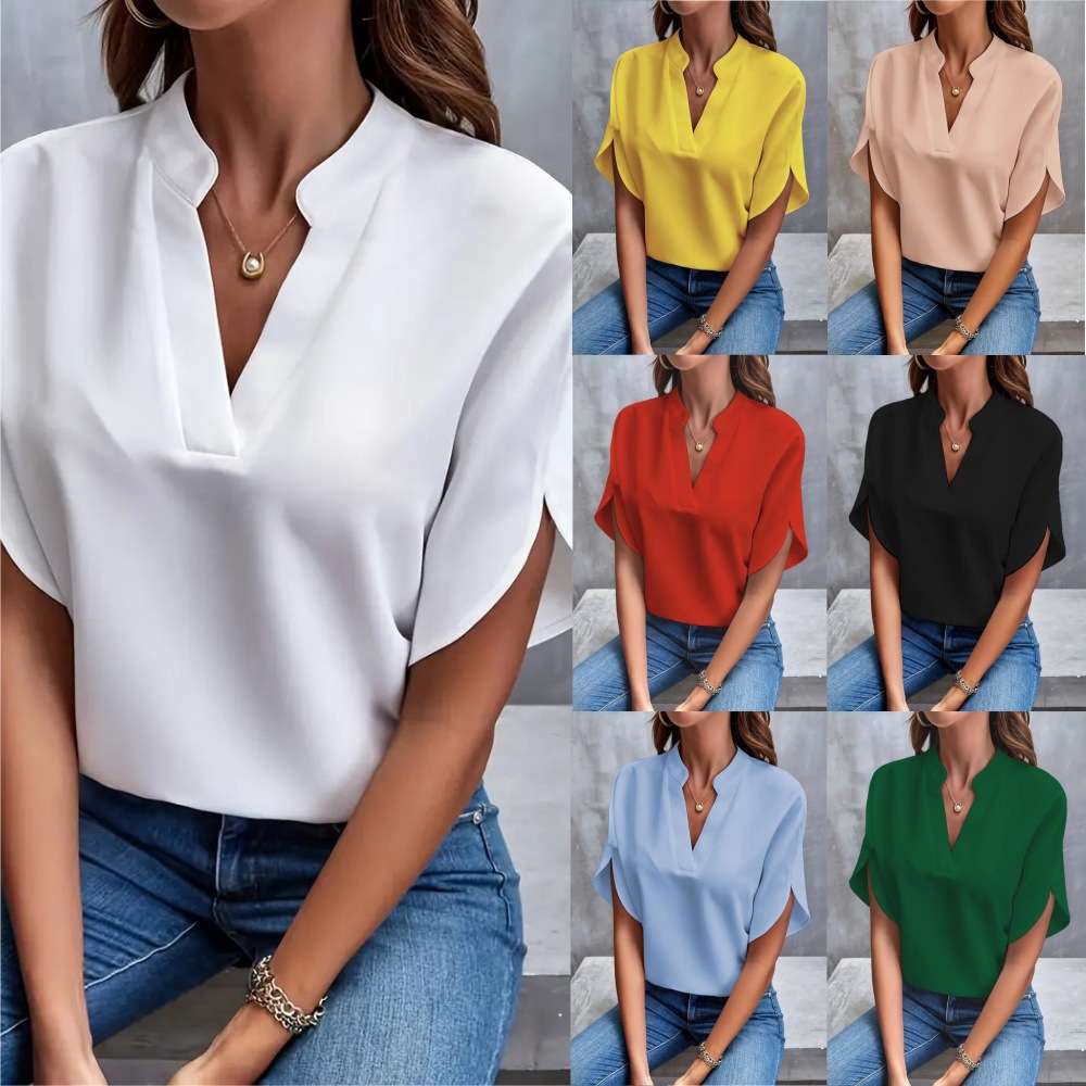 Amazon European and American cross-border trade women's clothing 2025 Summer Casual solid color V-neck loose shirt top for women full figure