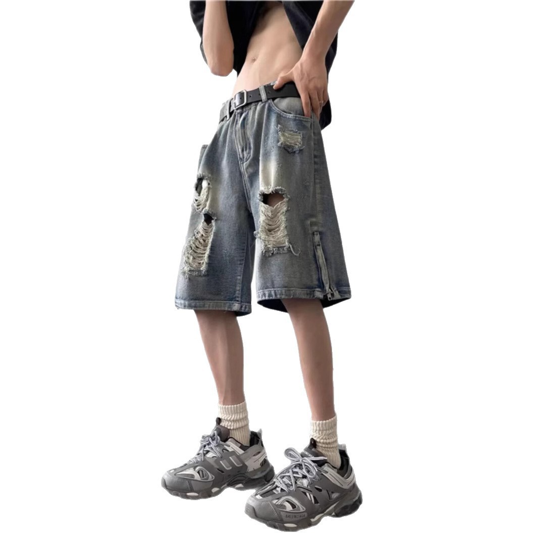 Ripped high street chic denim shorts for men, summer thin American-style zipper split loose straight-leg mid-length pants Item Picture