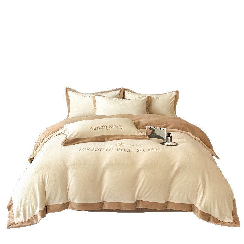 New autumn and winter milk velvet embroidered four-piece set, thickened and warm student dormitory home bed sheets, duvet covers and bedding Item Picture