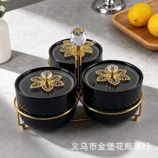 Black, white and green multi-color ceramic dried fruit compartments box, crystal top knob, golden floral decoration coffee table, snack storage, fruit plate Application Scenario