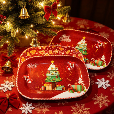 Direct sales of red Christmas tree gingerbread melamine plates from foreign trade manufacturers. Commercial stock of durable and wear-resistant melamine products