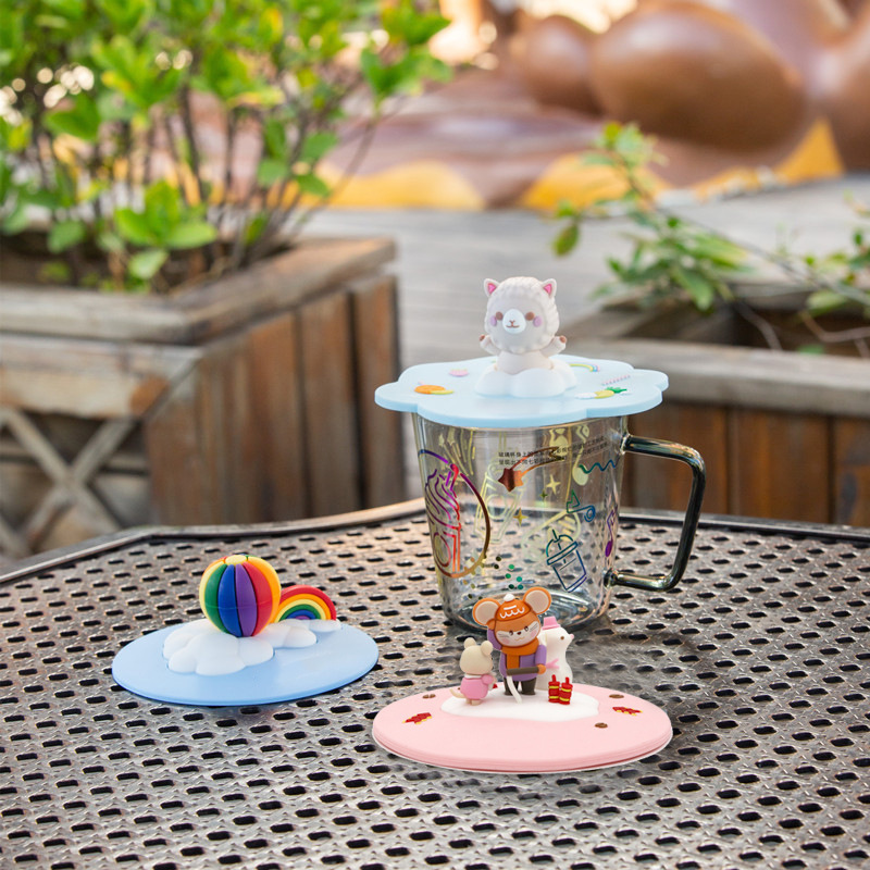 Customizable silicone cartoon creative three-dimensional figurine cup lid, dust-proof and leak-proof, cute round universal mug and tea cup details Picture
