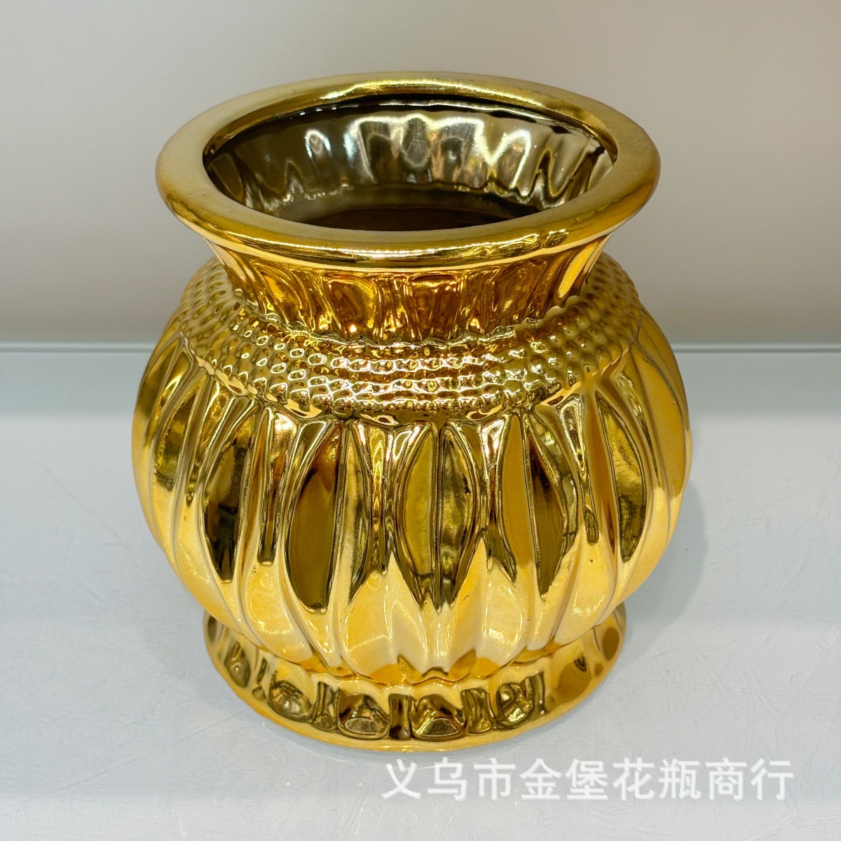 轻奢通体镀金肌理陶瓷收纳罐三件套 家用供佛插花桌面装饰小花盆