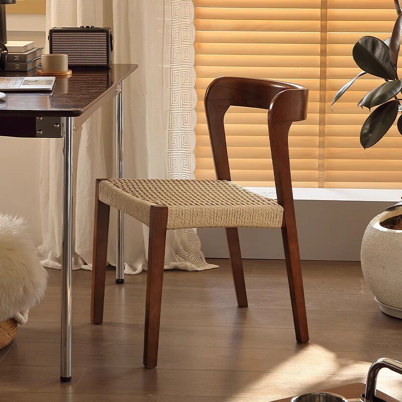 Nordic wabi-sabi style solid wood rope woven retro makeup chair, Japanese desk and chair, home small-sized apartment backrest, antique V-shaped chair, Star Factory
