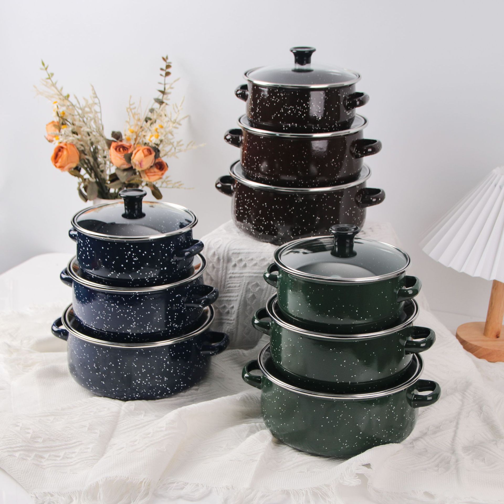 671DG-K搪瓷汤锅三件套 麻点玻璃盖加厚珐琅锅烧锅 欧美跨境款