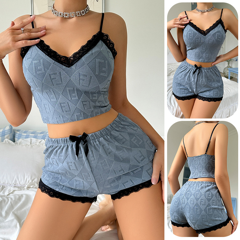 Feiyun Cross-border European and American lace patchwork jacquard pajama Set, sexy halter shorts and home Wear Two-piece set 745 full figure
