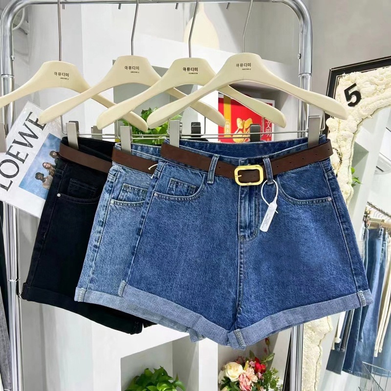 Verano 2025 nuevo look pierna larga entrepierna rizado shorts denim mujer denim rizado shorts de tres puntos