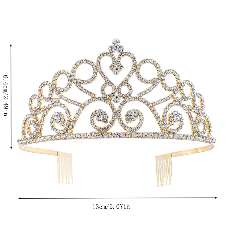 Factory direct sales of cross-border European and American bride headwear, water diamond alloy tiara headwear for women, grand and luxurious, full diamond comb tiara hair accessory Specification drawing