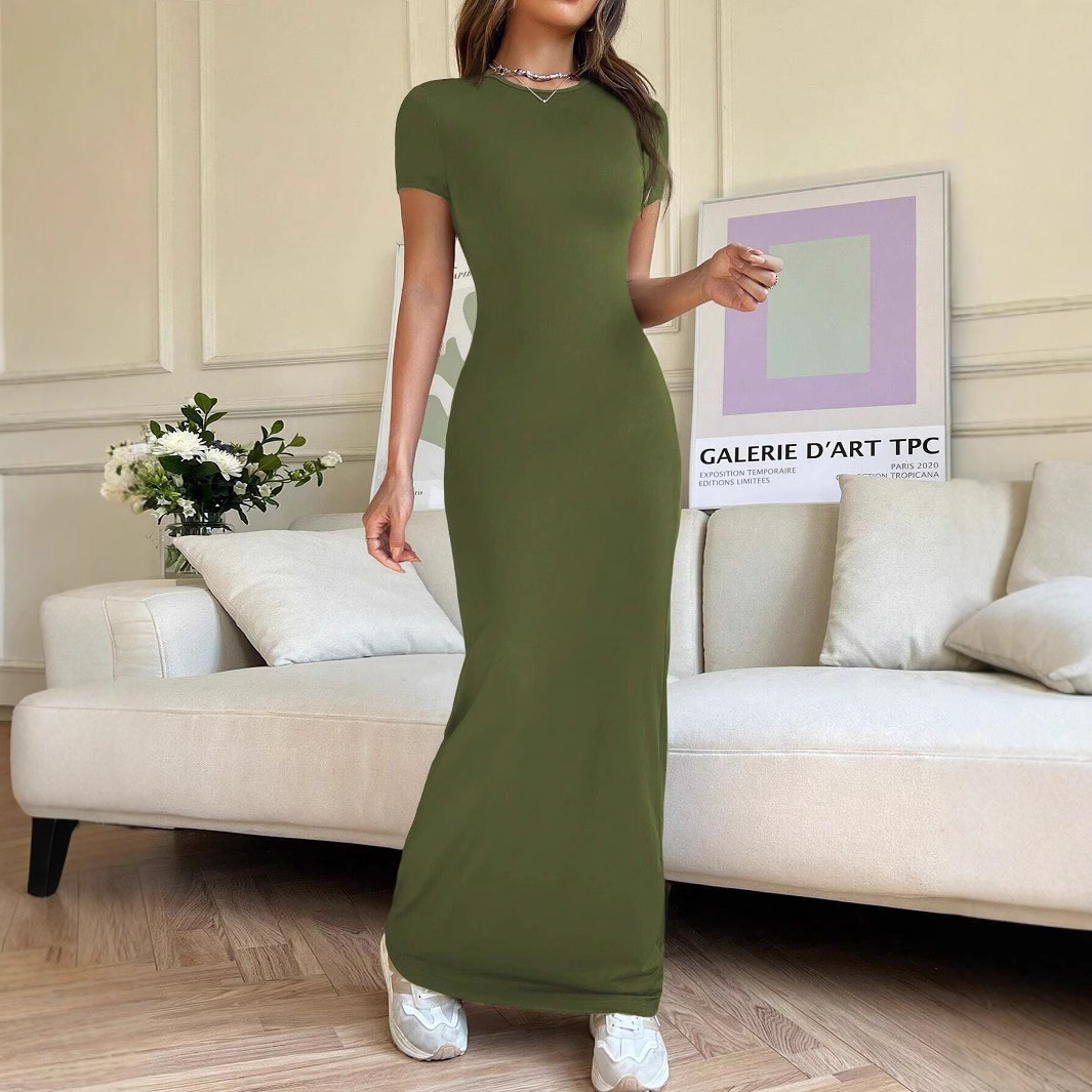 New cross-border Temu Amazon European and American women's clothing 2025 Spring/Summer export solid color elegant slimming short-sleeved dress Specification drawing