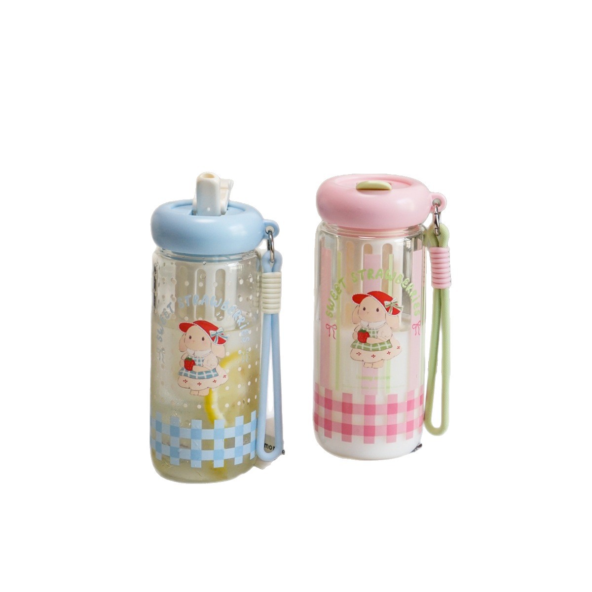 High appearance level cartoon glass cup, portable straw cup for female students, cute strawberry rabbit, anti-drop and high-temperature resistant water cup Item Picture