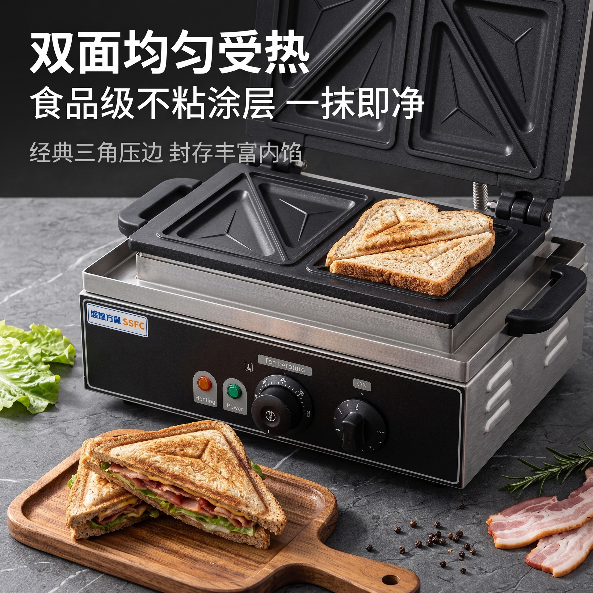 Commercial double-head bursting sandwich machine, non-stick baking tray, precise temperature control, special snack equipment for street vending, direct sales from the manufacturer Specification image