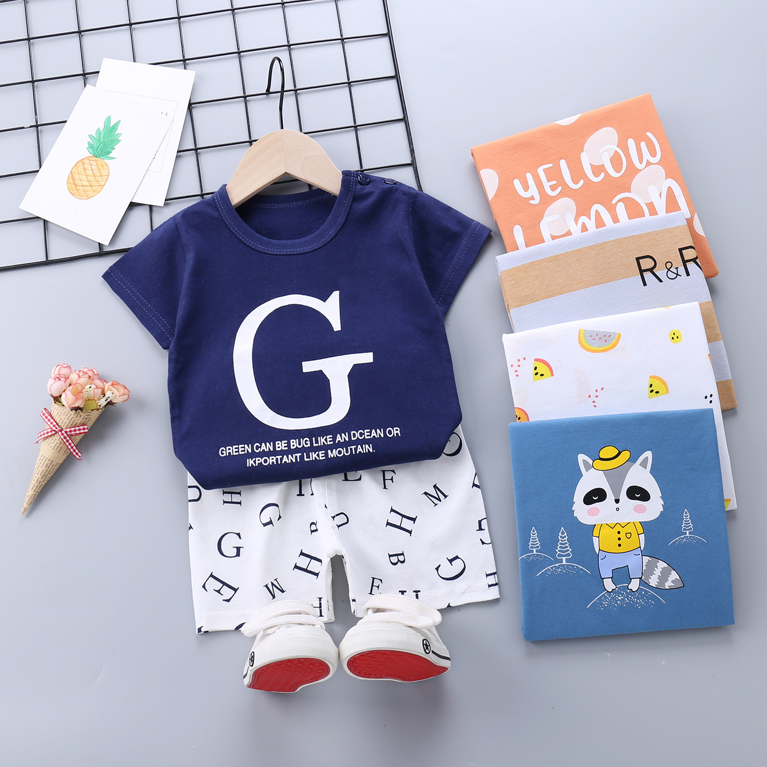 Children's short-sleeved suits, pure cotton summer baby clothes, Korean version girls' summer T-shirts, boys' clothing, wholesale of children's clothing details Picture