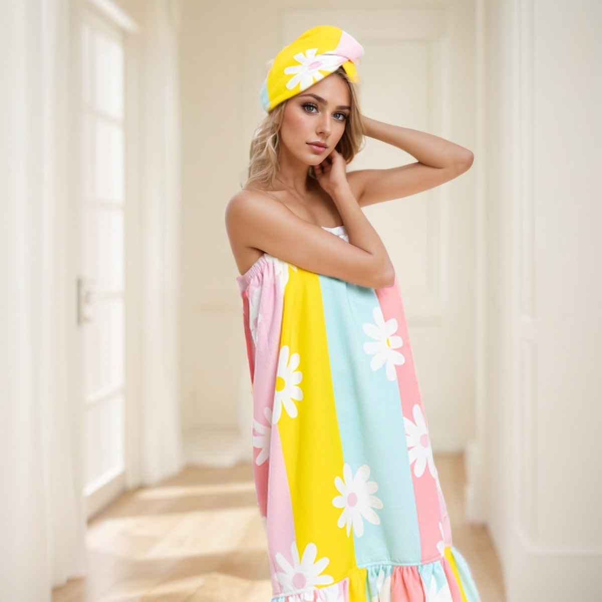 跨境超细纤维印花浴裙干发帽套装吸水速干沙滩游泳巾大浴巾批发