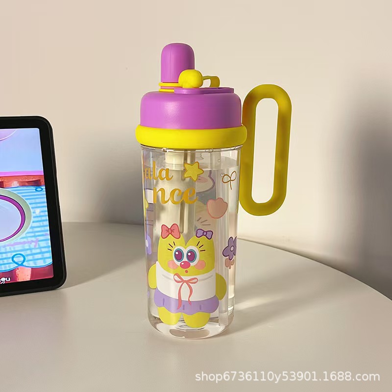 New cartoon children's plastic water cup with high appearance level, girls' double-drinking cup, large-capacity portable student cup Specification image