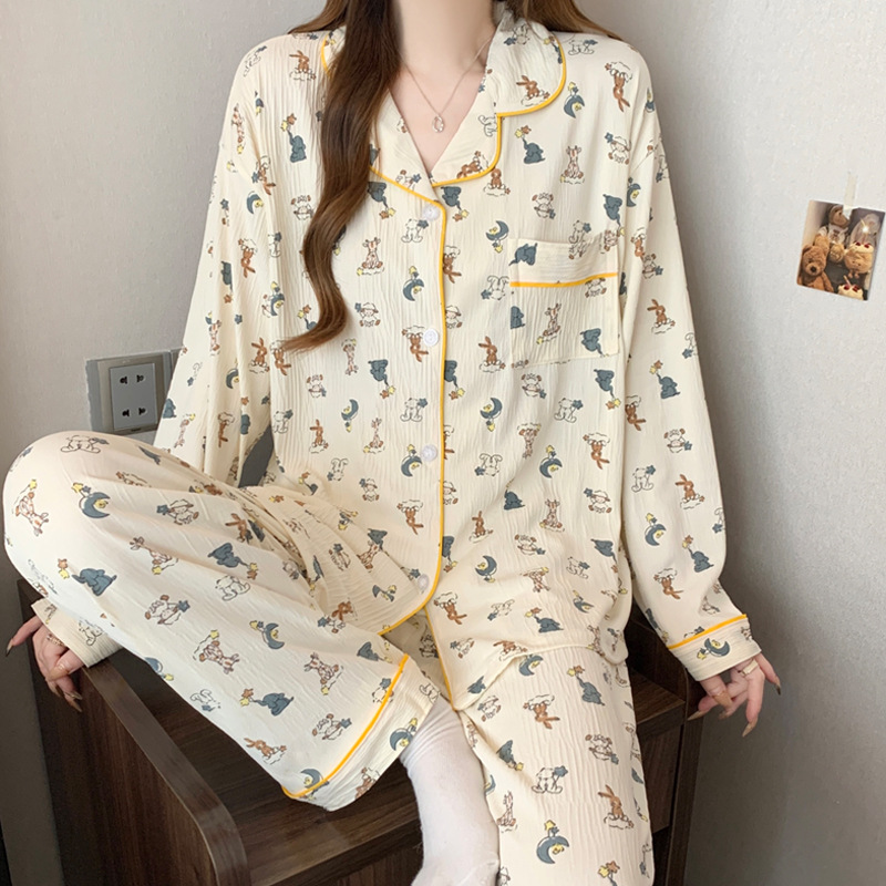 Fusheng (Real shot) Wrinkled Booker high-quality Spring and autumn cartoon cardigan women's pajamas casual set home wear