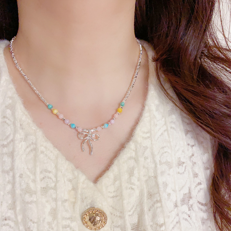 法式甜美多巴胺彩色串珠蝴蝶结项链女简约锁骨链时尚气质百搭项饰