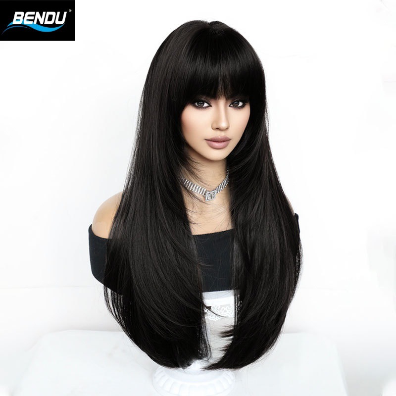 Black, light purple long straight hair, air bangs, Lolita yin-yang hairstyle gradient Halloween fashion wig full head set details Picture