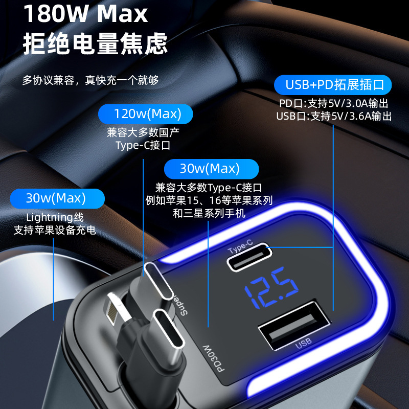 Cross-border 180W dual-retractable cable with ambient light, dual fast charging and flash charging with super fast charging car charger Specification image