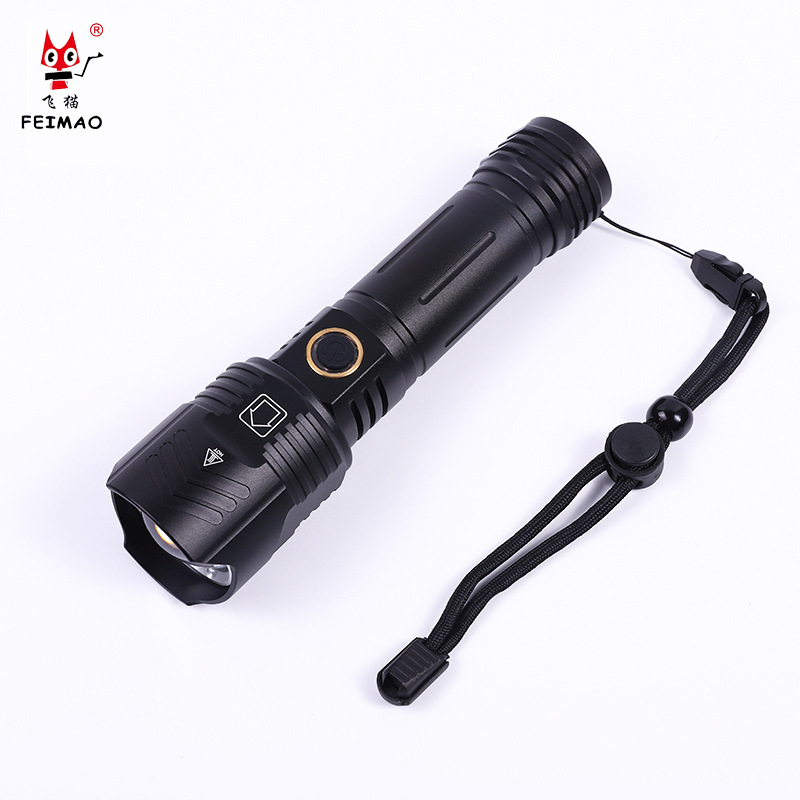 跨境新款P90伸缩变焦手电USB充电输入输出工具头清晰透镜强光手电