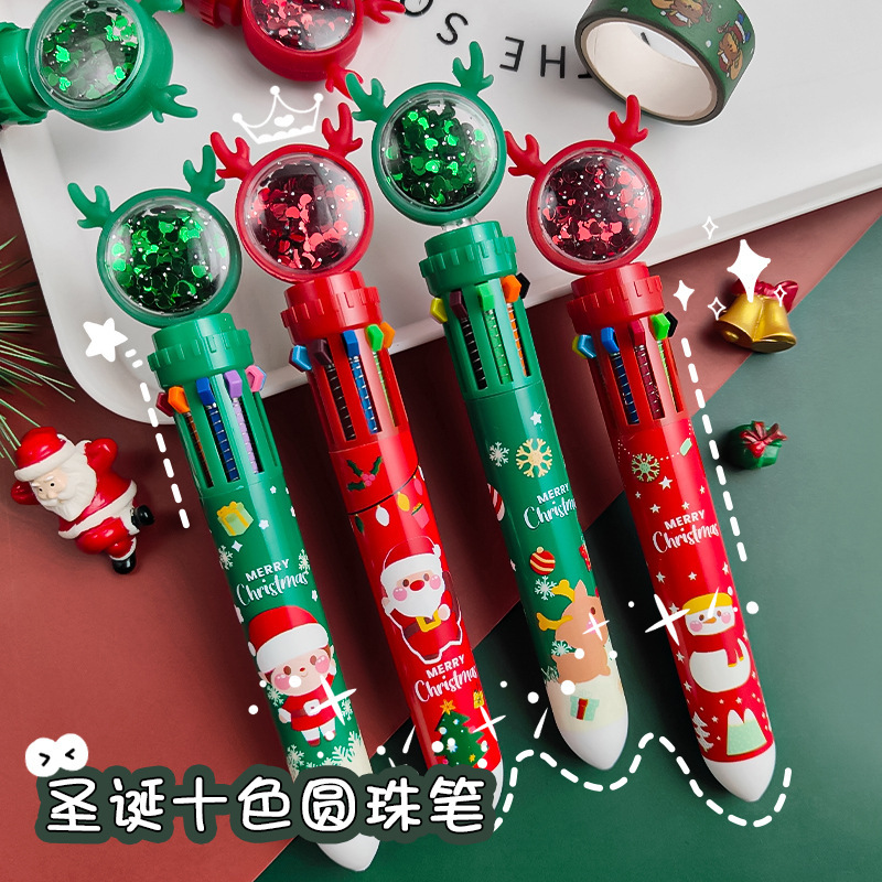 New Christmas card glitter Christmas reindeer snowman multi-color pen Creative planner pen 10-color press Ballpoint pen