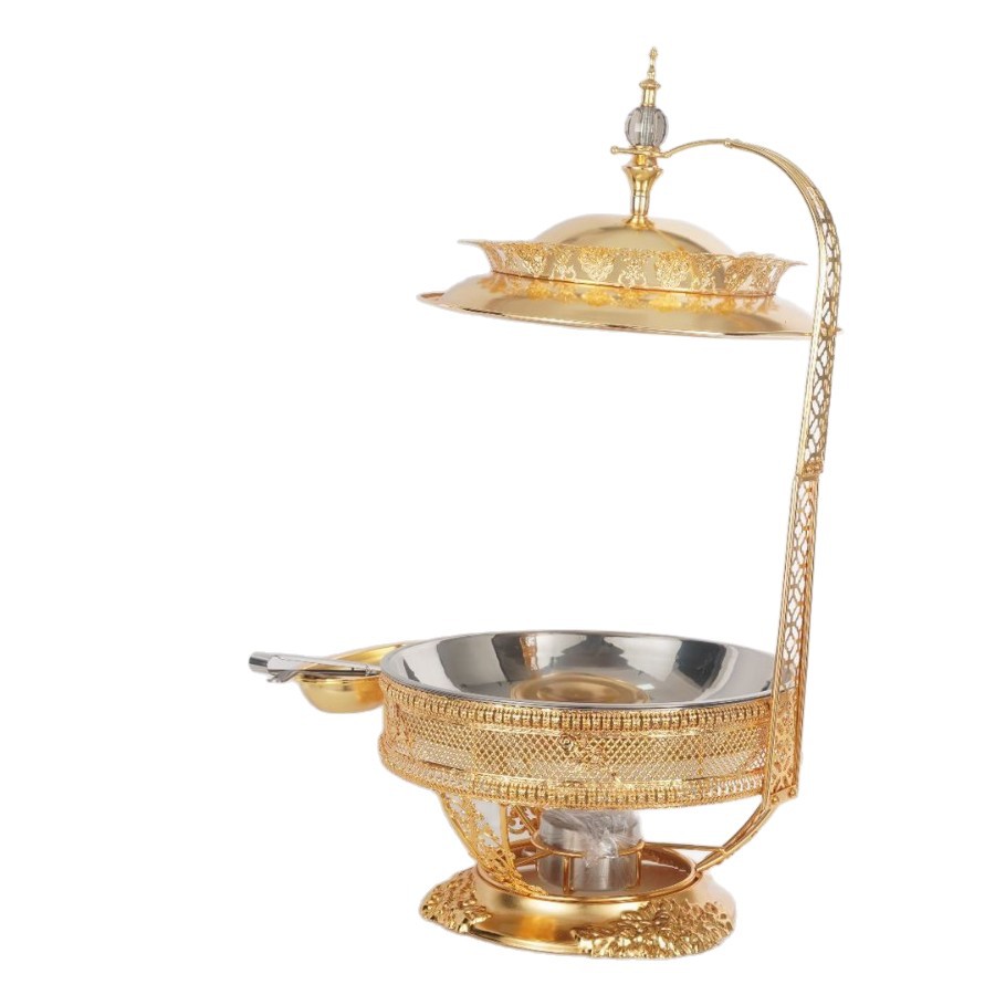 圆形豪华金色花边不锈钢酒精炉酒店餐厅自助餐炉可吊盖食物保温炉