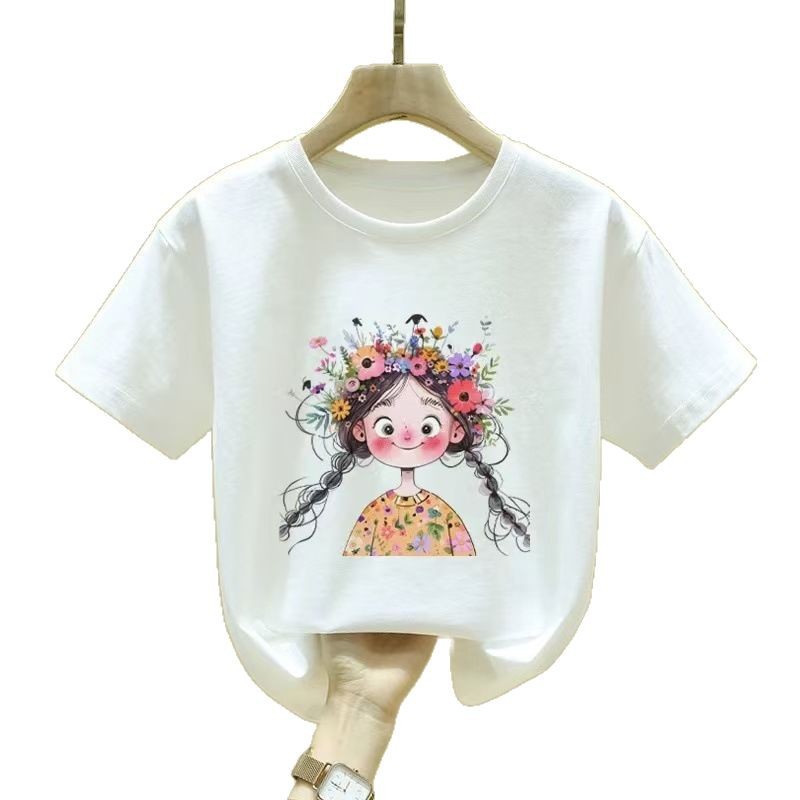 Pink short-sleeved girls' T-shirt, pure cotton, 2025 new style, round-neck half-sleeved summer children's top T-shirt for middle and large children Item Picture