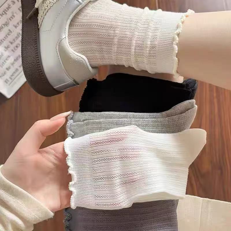 Verano calcetines finos mujer color sólido calcetines de malla calcetines medio blanco anti-olor transpirable chica encaje heap heap calcetines